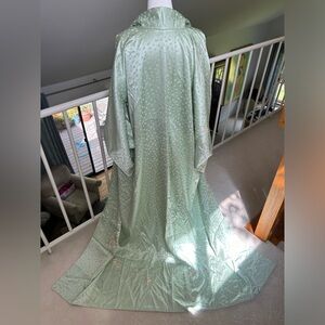 Beautiful Vintage Japanese Kimono Silk Sage Sea Green Fan Uchiwa Cotton Flower